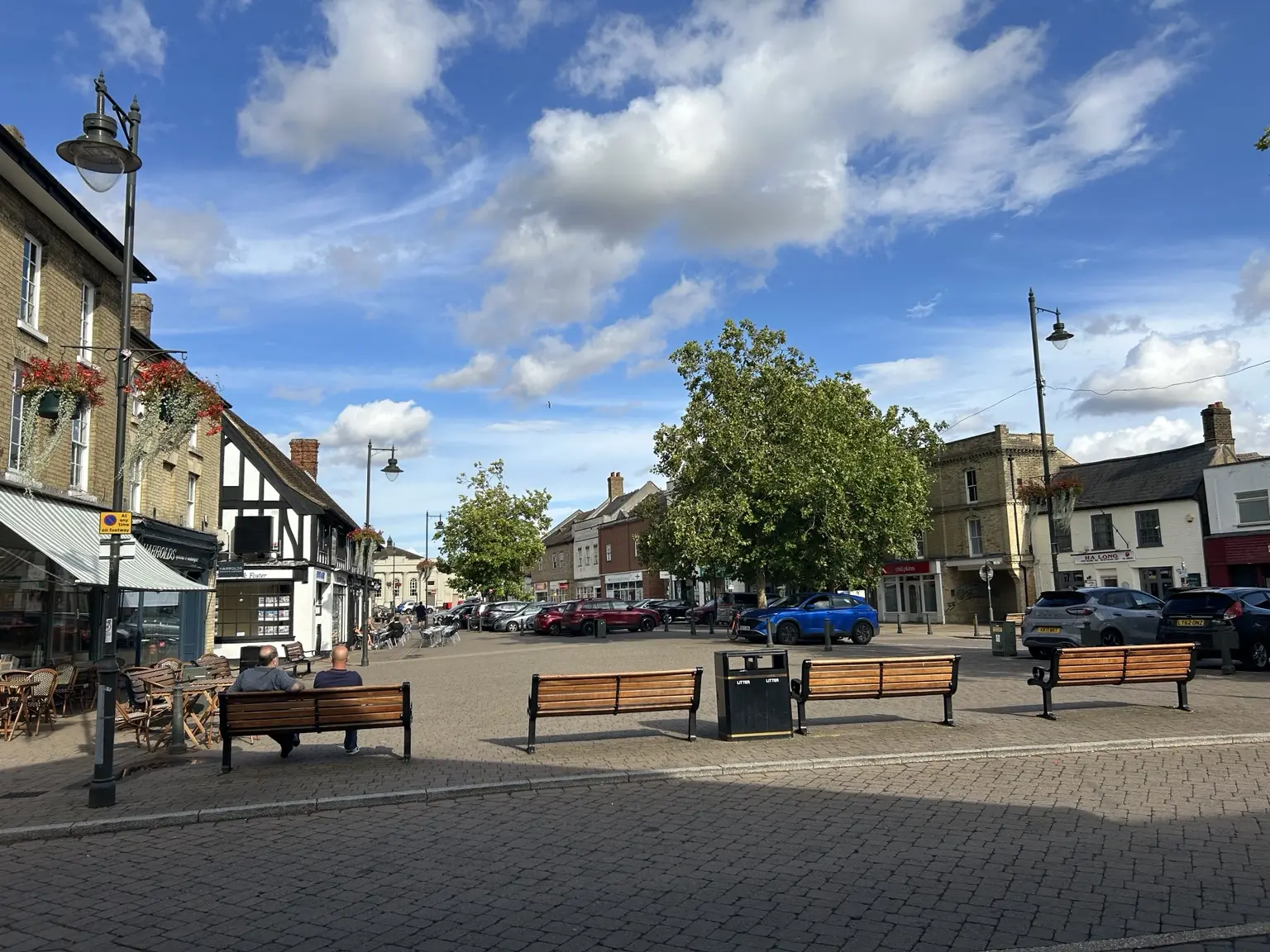 Biggleswade Market Square on a bright afternoon